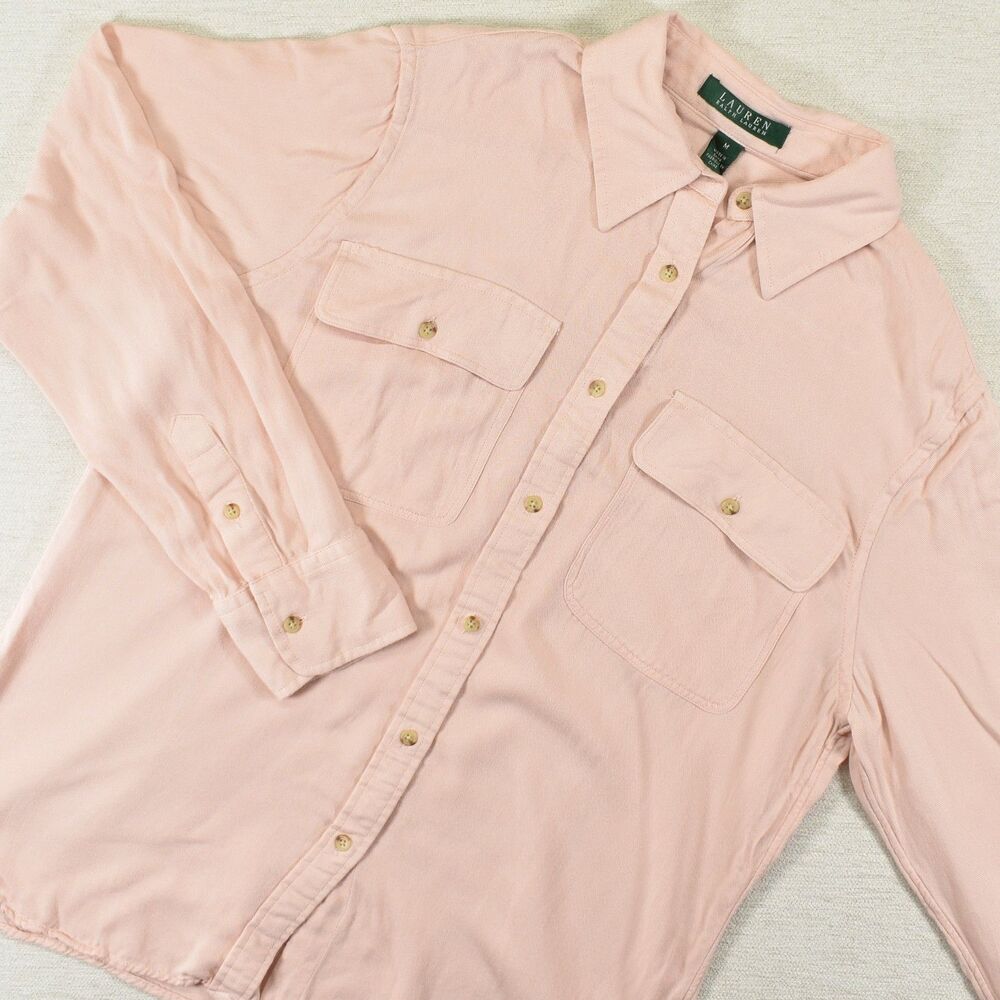 Lauren Ralph Lauren Pink Viscose Button Down Shirt Medium Roll Tab Sleeves